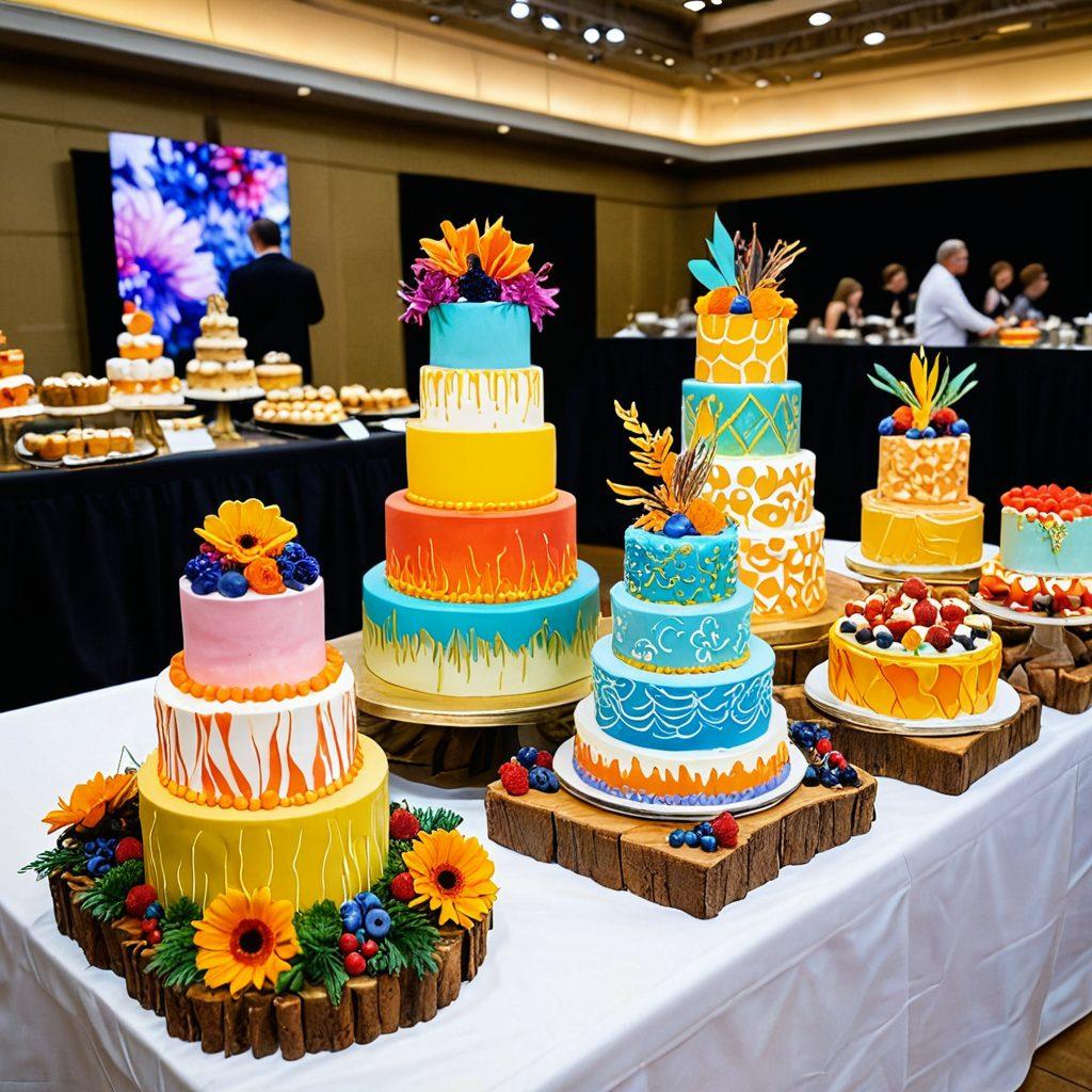 A grand artisan bake show filled with colorful dessert displays, featuring intricate cake designs, pastries, and artisanal breads on elegant tables. Brightly lit stage with bakers in action showcasing their skills, surrounded by a delighted audience. The atmosphere infused with vibrant colors and a touch of whimsy. super-realistic. vibrant colors. festive ambiance.