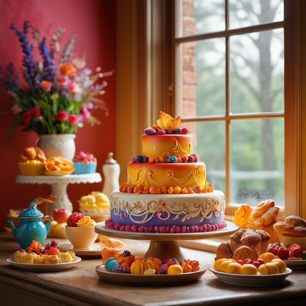 A whimsical kitchen scene filled with vibrant, colorful sugar art creations, alongside an array of specialty pastries showcasing intricate designs and textures. Incorporate a skilled pastry chef passionately working on a cake, with flour, fondant, and sweet ingredients scattered around. Beautiful natural light streaming in from a window, creating an inviting atmosphere. super-realistic. vibrant colors. warm lighting.