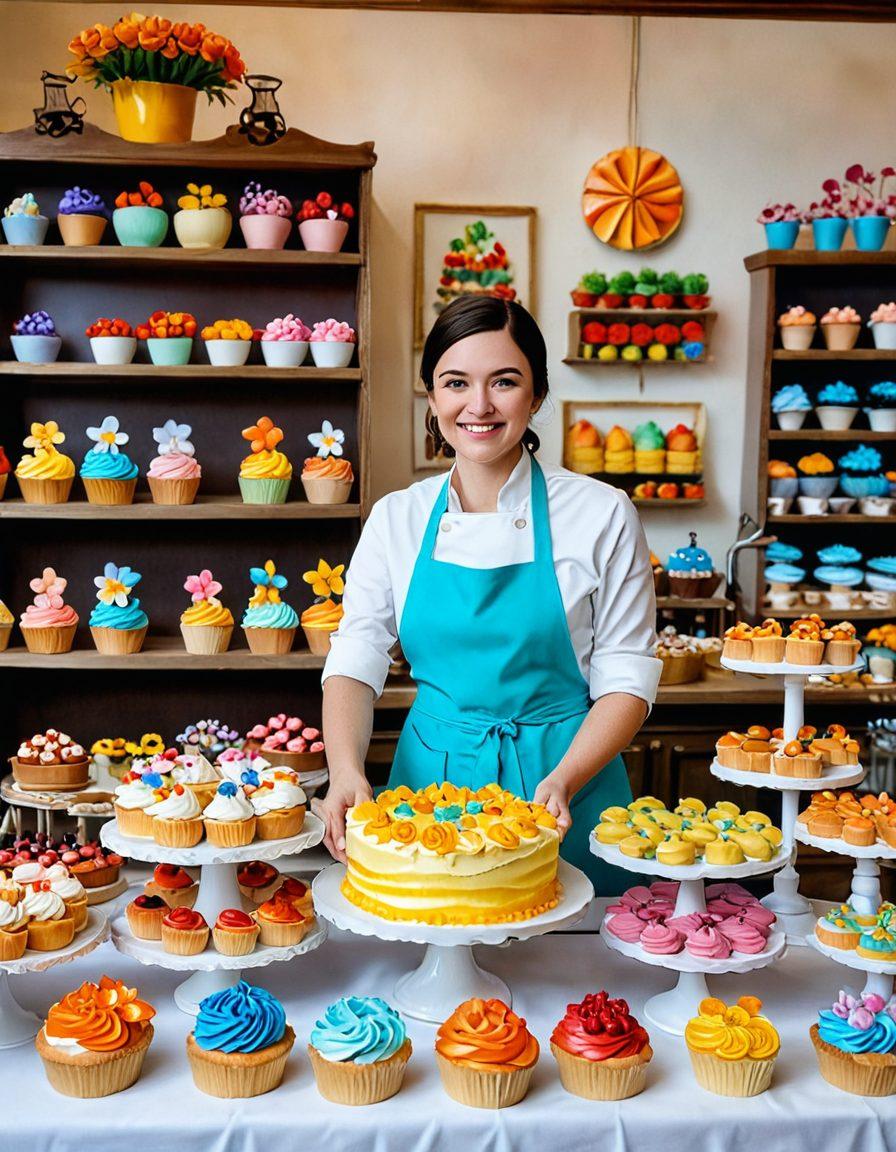 A whimsical bakery scene featuring a vibrant display of artistic pastries and gourmet cakes, adorned with colorful icing and delicate edible flowers. Include a skilled baker in an apron, showcasing intricate decorating techniques, surrounded by decorative baking tools and a backdrop of a bustling bake exhibition. The atmosphere is warm and inviting, filled with a variety of sweet delights. watercolor painting. vibrant colors. inviting atmosphere.